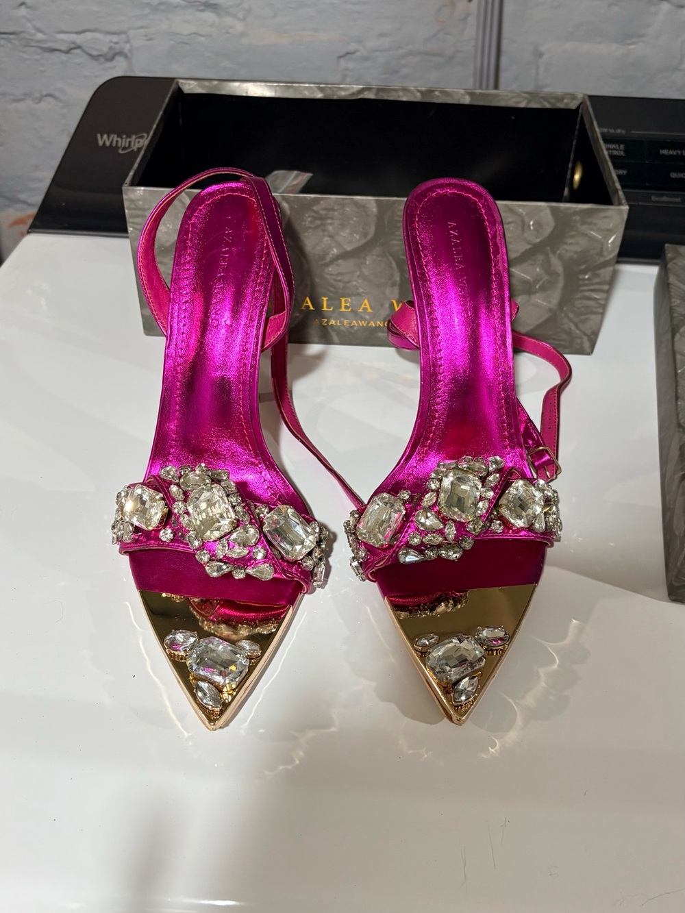 AKIRA Fuchsia Satin Jeweled Slingback Heels